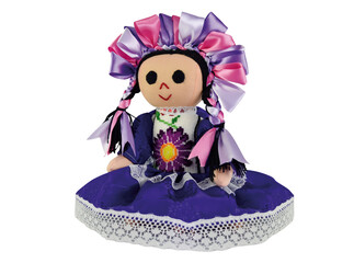 Colorida muñeca tradicional mexicana, hecha a mano por un miembro de un grupo étnico llamado...