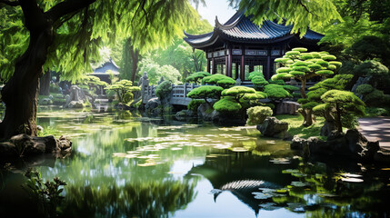Fototapeta premium Japanese garden with lake, bridge and Pagoda at sunrise. Idilic landscape, travel and culture concept 