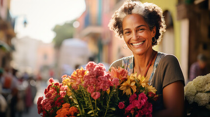 Middle age Cuban woman selling flowers at town square. 