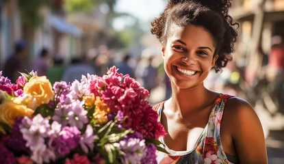 Crédence de cuisine en verre imprimé Havana Attractive young Cuban woman selling flowers at town square. 