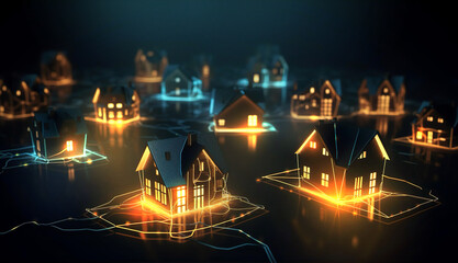 Cardboard houses with beautiful neon lights at black background, representing new properties on market, new homes, property developing business 