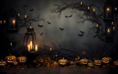 Halloween background with pumpkins, lanterns, candles and bats.