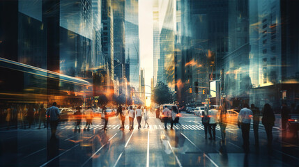 Motion blur of people crossing city road, cars and public transport stopped at traffic light. Beautiful lights reflection in Skyscrapers glass - obrazy, fototapety, plakaty