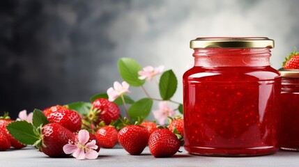 Fresh Strawberry jam in a glass jar with apples. Strawberry Marmalade. Horizontal banner poster. AI generated.