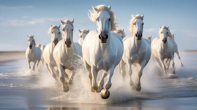 a group of white horses running through water