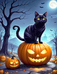 Halloween pumpkin head, Spooky Forest with a full moon and black cat, The Spooky Night - Halloween Backdrop. Ai Generative 