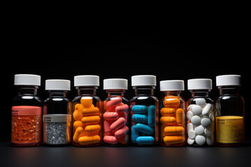 An image of prescription pill bottles, illustrating the complexity of managing medications for chronic conditions in old age. Concept of healthcare challenges. Generative Ai.