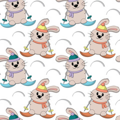 Seamless pattern with cute winter Rabbit with ski