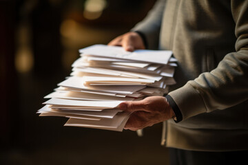 A close-up of hands holding a stack of handwritten letters, symbolizing the emotional support exchanged through written communication during isolation. Concept of pen pals. Generative Ai.