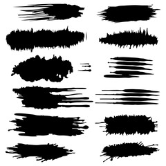 Set of Black Paint Spots and Hand Drawn Vector Ink Brush Strokes. Dirty Paint Smears Forming Artistic Backgrounds. Grunge Texture Scribbles Design Element Isolated