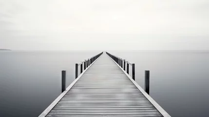   a long pier stretching out into the ocean on a cloudy day.  generative ai © Anna