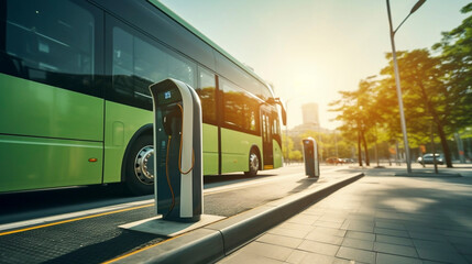 Stockphoto, copy space, modern public transport bus charging on an electric charging point,...