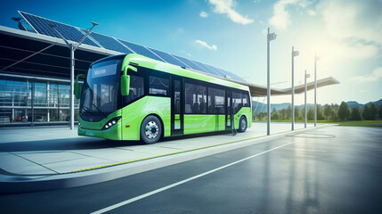 Stockphoto, copy space, modern public transport bus charging on an electric charging point, renewable energy theme. Clean green energy, zero waste. - obrazy, fototapety, plakaty