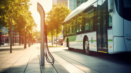 Stockphoto, copy space, modern public transport bus charging on an electric charging point, renewable energy theme. Clean green energy, zero waste. - obrazy, fototapety, plakaty