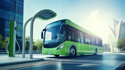 Fotobehang Stockphoto, copy space, modern public transport bus charging on an electric charging point, renewable energy theme. Clean green energy, zero waste. © Dirk