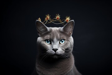 Fototapeta premium chartreux cat wearing a reindeer antlers headband against a dark grey background