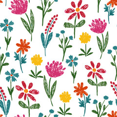 Seamless pattern  Field meadow garden different bright flowers grass. Drawing in the style of a children's doodle. doodles are drawn by child's hand with colored pencils. Childish primitive
