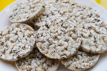 Round crispy rice crackers. Rice cakes