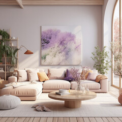 lilac living room interior with beige couch table