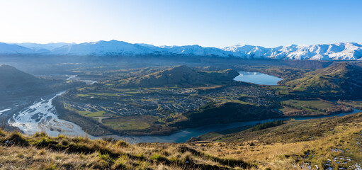Panorama of Lake Hayes, the Kawarau River & the Shotover River near Queenstown