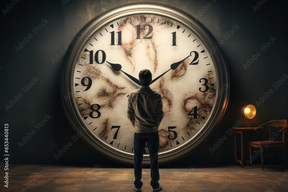 Poster an isolated individual staring at a clock, symbolizing the perception of time slowing down during pe