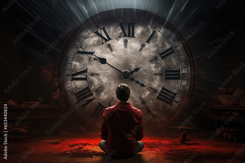 Poster an isolated individual staring at a clock, symbolizing the perception of time slowing down during pe