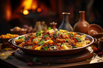 A Moroccan tagine simmering with fragrant spices and tender meat, reflecting North African culinary...
