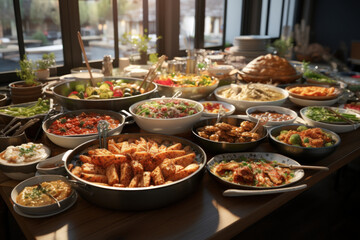 Fototapeta premium A communal potluck gathering, featuring dishes from different cultures, symbolizing unity through food. Generative Ai.