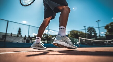 close-up of tennis player in action, tennis player with racket, tennis player in proffesionnal stadium, tennis player playing tennis with racket - obrazy, fototapety, plakaty