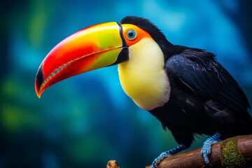 Closeup of an exotic colorful tucan in the rainforest
