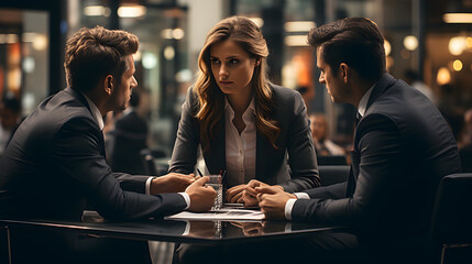 Business meeting in high end conference room. Executives present. Serious discussion.Two mans and one woman. - obrazy, fototapety, plakaty