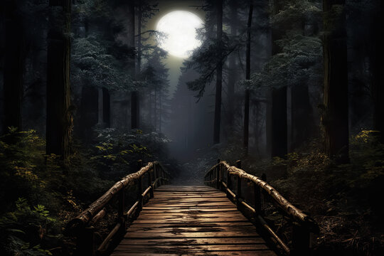 Fondo con Noche de luna llena en un bosque tenebroso atravesado por un puente de madera 