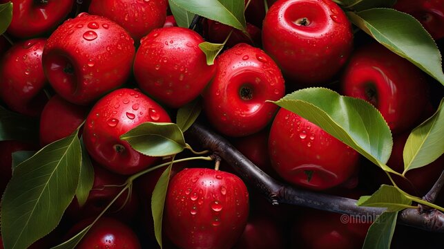  a pile of red apples with leaves and water droplets on them.  generative ai