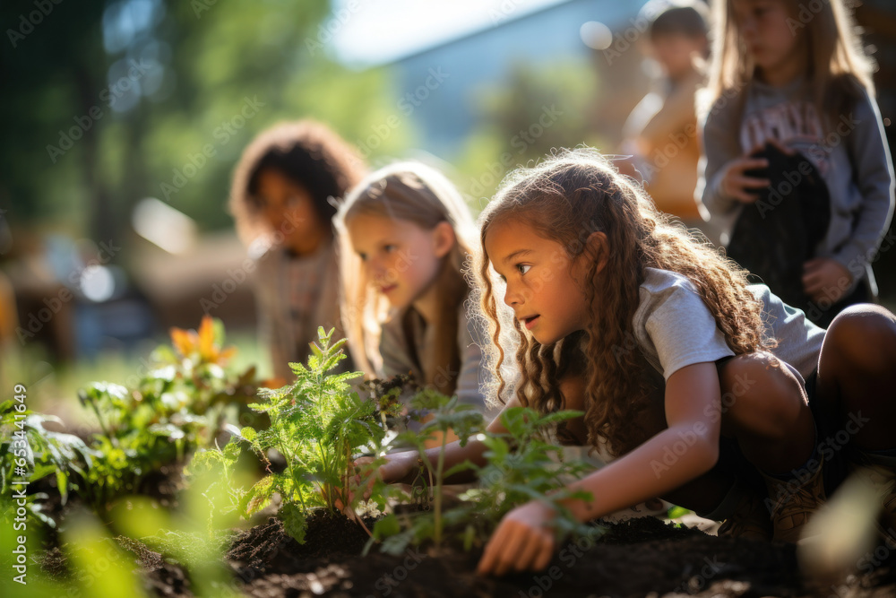 Poster a group of children learning about climate change and sustainability in an outdoor classroom. genera