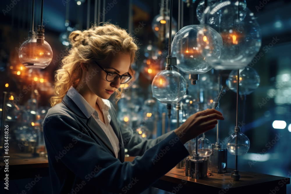 Poster a woman in a physics lab, conducting experiments on quantum mechanics, pushing the boundaries of our