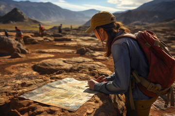 A female geologist examining rock formations in the field, unraveling Earth's history. Generative Ai.