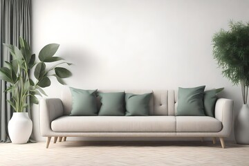 3d rending Interior wall mockup with empty white wall, gray sofa, beige pillows and green plant in vase. Free space on right.