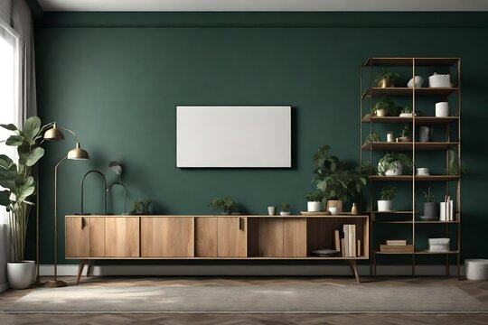 Living room with cabinet for tv on dark green color wall background.