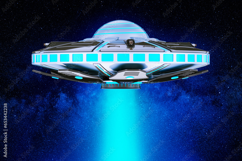 Poster flying ufo with light beam in space. 3d rendering