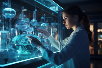 A woman in a clean energy research lab, working on sustainable solutions for the future. Generative Ai.