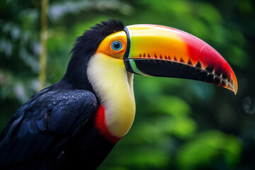 Naklejka premium Closeup of an exotic colorful tucan in the rainforest