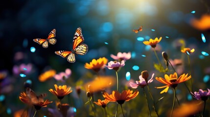 Colorful Cosmos Flowers and Butterfly in Sunlight