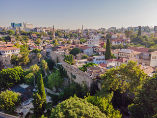 Fototapeta na wymiar View of old Antalya from a drone or bird's eye view. This is the area of the old city and the old harbor