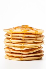Stack of Pancakes with Honey Flow on Seamless White Background