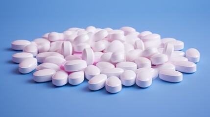 Obraz na płótnie Canvas Pink Pills Piled on Blue Background