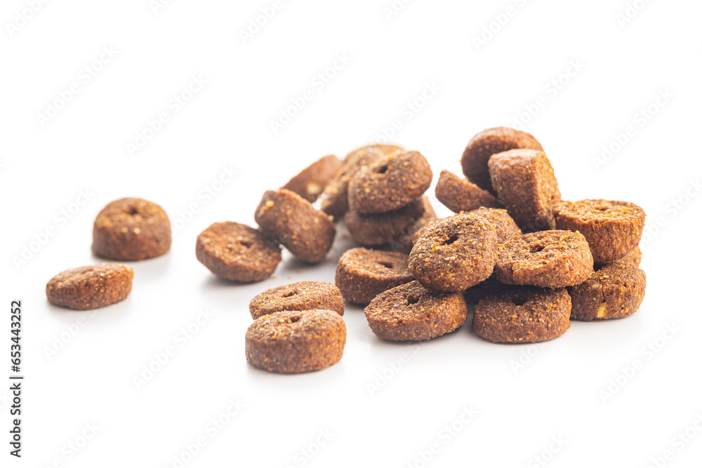 Poster dry animal food. dog or cat kibble isolated on white background.