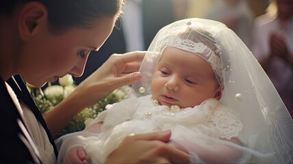the serene face of an infant during the sacrament of baptism, with the priest's hand gently pouring water over the child's head. - obrazy, fototapety, plakaty
