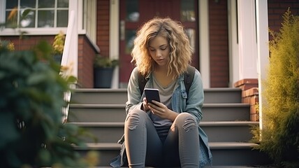 Fototapeta premium A teenage girl with a thoughtful expression sitting on the steps of a contemporary home, engrossed in her smartphone.