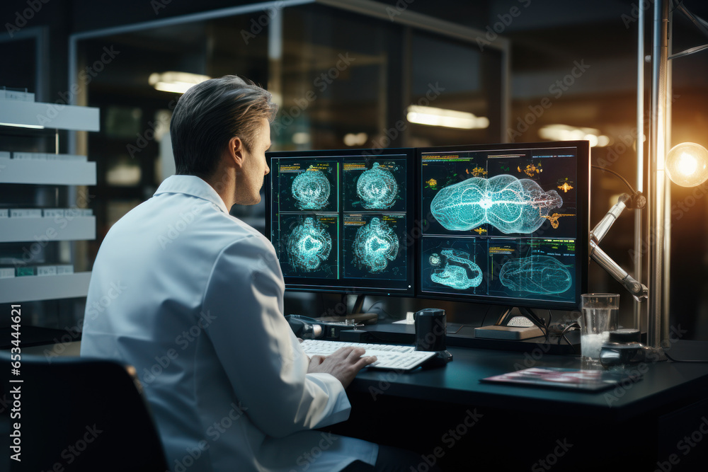 Aufkleber a woman in a lab coat analyzing data on a computer, contributing to scientific research. generative 