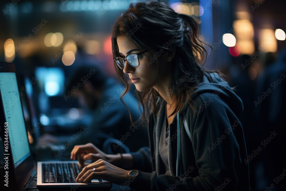 Poster a female software developer coding late into the night, pushing boundaries in technology. generative